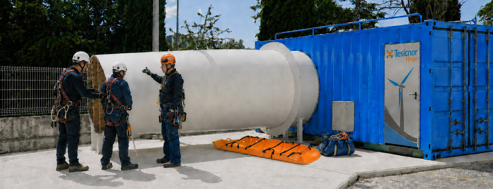 Tres técnicos preparan una práctica de rescate en el simulador eólico de pala de TESICNOR.