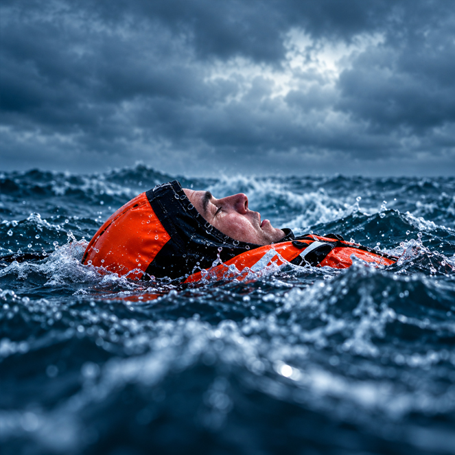Supervivencia en agua fría: reacción inicial – TESICNOR Trabajador con traje de supervivencia naranja flotando boca arriba en el mar, rodeado de olas bajo un cielo nublado.