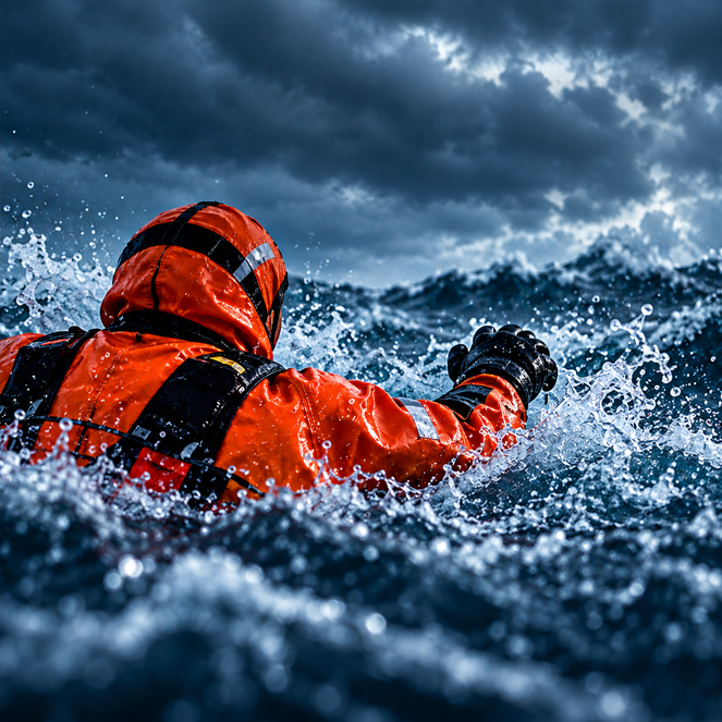 Pérdida de movilidad en agua fría – Supervivencia offshore Trabajador con traje de supervivencia naranja visto de espaldas, extendiendo un brazo entre las olas del mar.