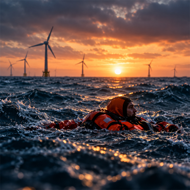 Supervivencia en eólica marina y riesgo de hipotermia – TESICNOR Trabajador con traje de supervivencia naranja flotando en el mar al atardecer, con aerogeneradores offshore al fondo.