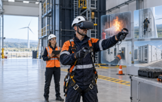 Trabajador con visor de realidad virtual durante una simulación de seguridad industrial, con escenas de incendio, trabajo en altura y baterías