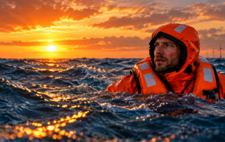Trabajador con traje de supervivencia naranja flotando en el mar, con un parque eólico offshore al fondo durante el atardecer.